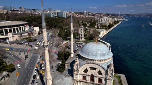 Aerial View of Dolmabahce Mosque, Palace Buildings and Bosphorus
