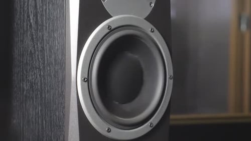 Close Up of Moving Subwoofer on Recording Studio Black Round Audio Speaker Pulsating and Vibrating