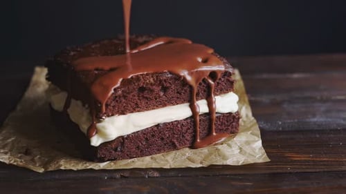 Chocolate Icing on Cake. Chocolate Glaze Pouring on Homemade Dessert. Close Up