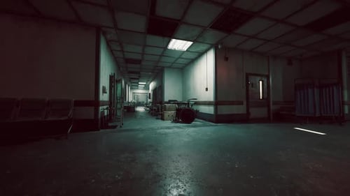 Abandoned Hospital Corridor with Dim Lighting and Scattered Equipment at Night