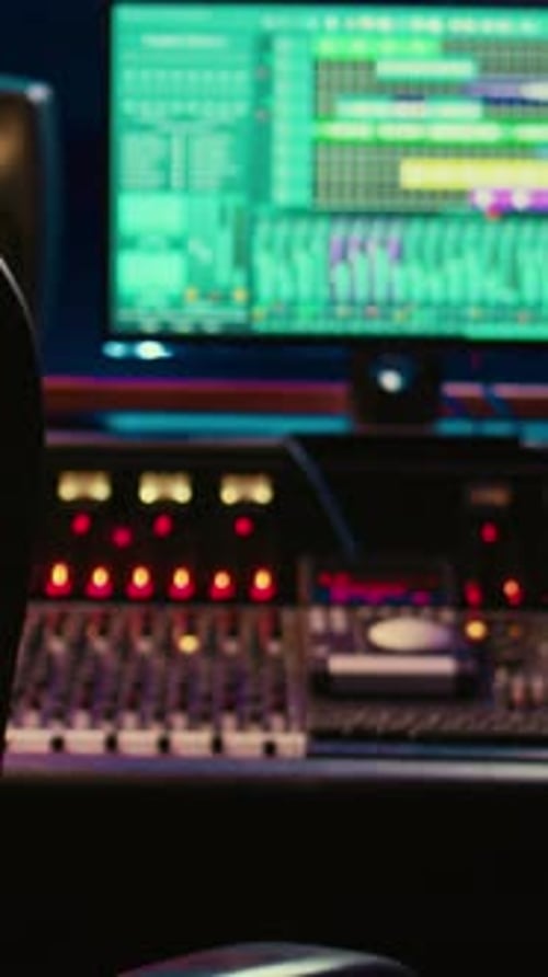 Vertical Video Empty Soundproof Control Room in Professional Recording Studio