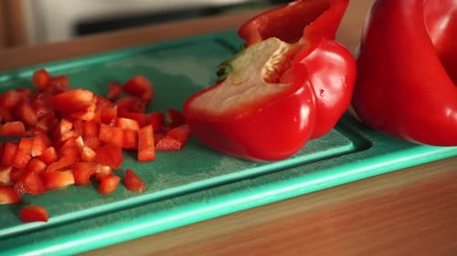 Chopped Red Bell Pepper on Cutting Board