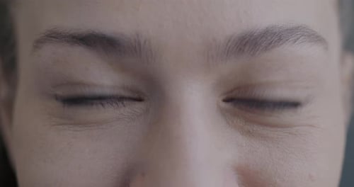 Closeup Slow Motion Portrait of Happy Young Woman's Eyes Looking at Camera Smiling