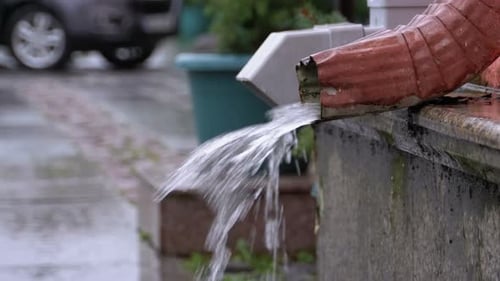 Rain Gutter Discharging Water During Downpour