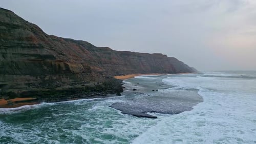Panoramic Cloudy Marine Landscape Overcast Weather Sea Surf Covering Sand Beach