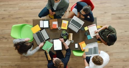 Startup, business meeting people with portfolio, technology laptop or tablet collaboration