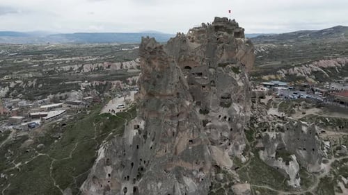 Aerial view of Uchisar Castle in Uchisar old town, Cappadocia, Turkey.