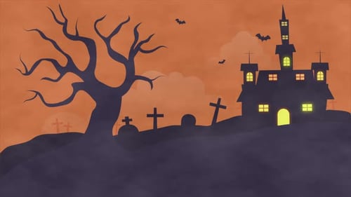 Animated Halloween Night with Haunted House and Flying Bats