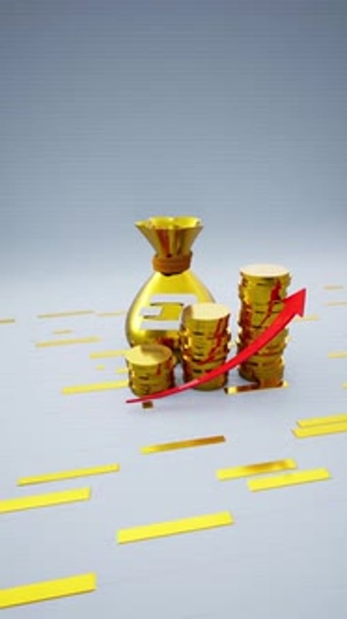 Vertical Golden Money Bag With A Dash Symbol And Increasing Coins Including Red Upward Arrow