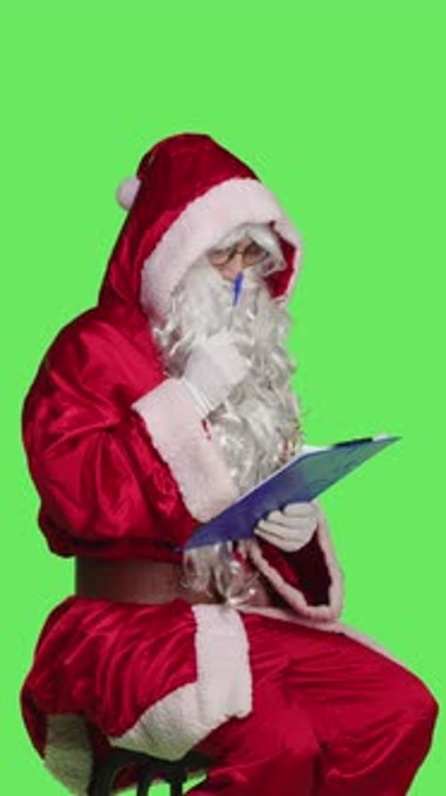 Vertical Video Side View of Man Santa Claus Write on Papers