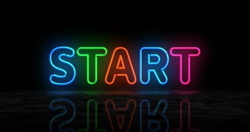 Animated Colorful Neon 'START' Sign Revealing on Reflective Floor