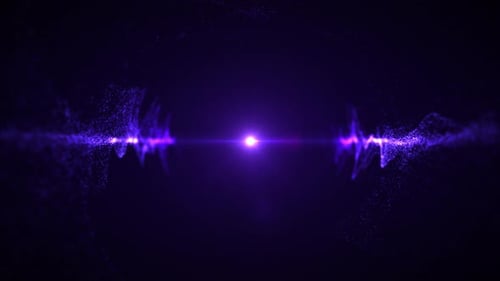 Glowing Violet Particle Wave Burst with Symmetrical Energy Pulses, Radiant Light Core, Abstract Soun