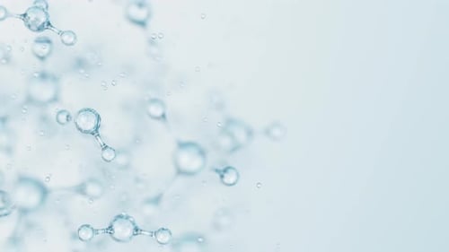 3D-abstraktes glänzendes Glas mit molekularen Strukturen und Bewegungshintergrund, kosmetisches Kollagen-Serum-Essenzöl