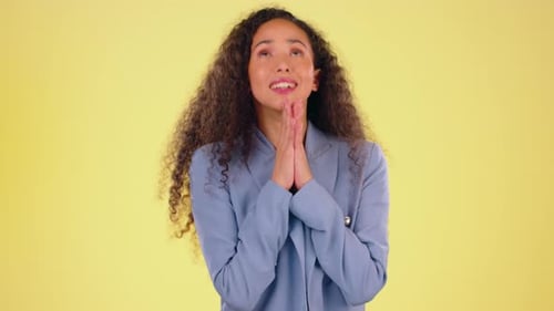 Anxiety, hope and black woman with hands for prayer hopeful for success, winning and good news