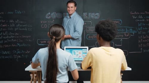Smart teacher holding tablet while explain about programming system. Edification