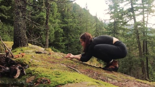 Une jeune femelle s'accroupit pour identifier un champignon dans une forêt canadienne. Sol moussu avec champignons oranges