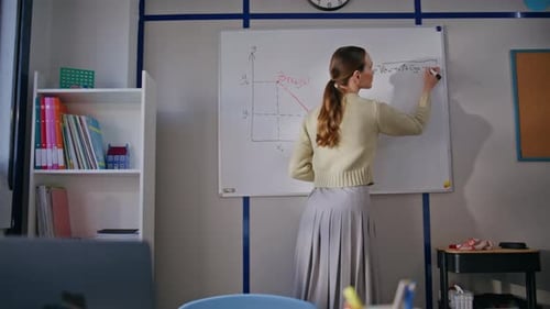 Smart Woman Teaching Math Using Whiteboard at School Cabinet Teacher Explaining