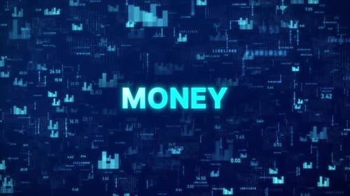 MONEY text over animated financial background with chart, numbers and matrix codes