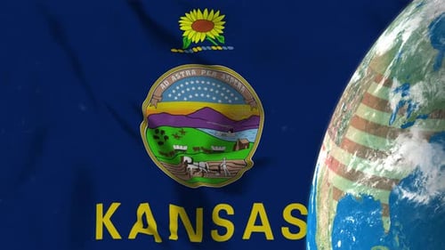 Waving Kansas State Flag with Rotating Earth Globe
