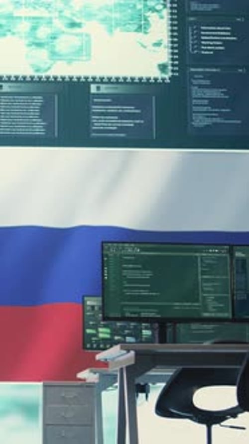 Vídeo vertical: sala de hacking governamental vazia com bandeira russa na tela grande
