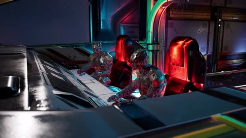 Futuristic Pilots in Spaceship Cockpit Control Room Animation