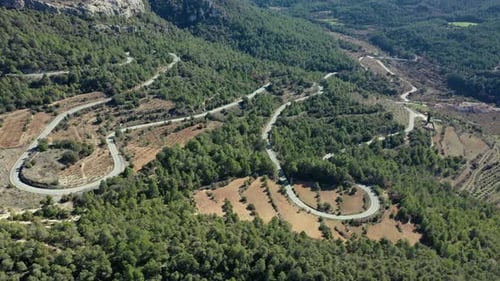 Aerial view of a winding country road in Catalonia