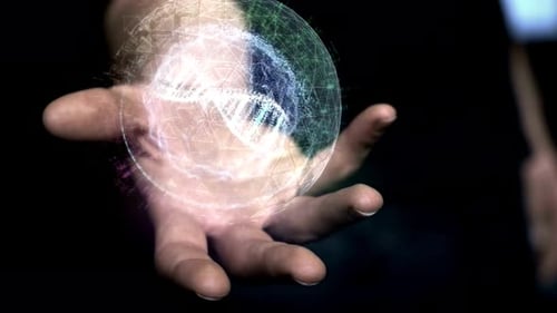 Futuristic Holographic DNA Double Helix Rotating on Human Hand