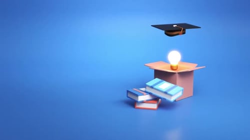 Animated 3D Education Concept with Books, Graduation Cap, Light Bulb