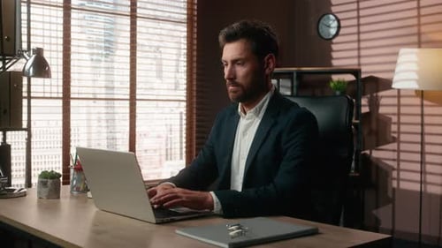 Serious Concentrated Caucasian Businessman in Office Business Man Male Guy Employer Working Laptop