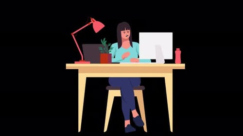 Businesswoman Sitting At Desk Working On Laptop Cartoon Animation 4K On Alpha Channel