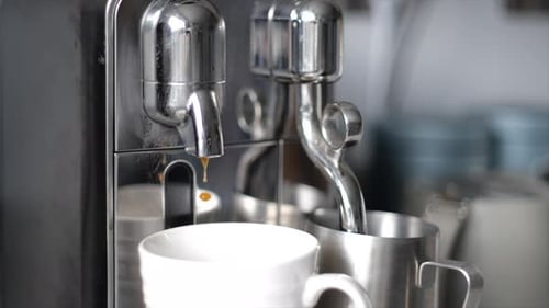 Close Up Espresso Machine Brewing Rich Coffee