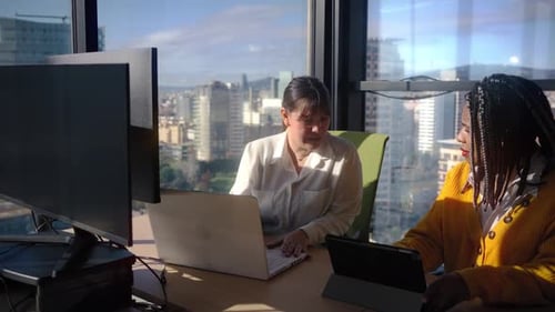 Two Women Discussing a Project in a Modern Office