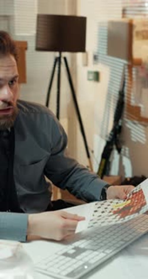 Discussion, evidence and investigation with detective people in office for problem solving