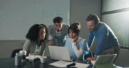 Business, applause and people with laptop, cheering and profit growth with achievement