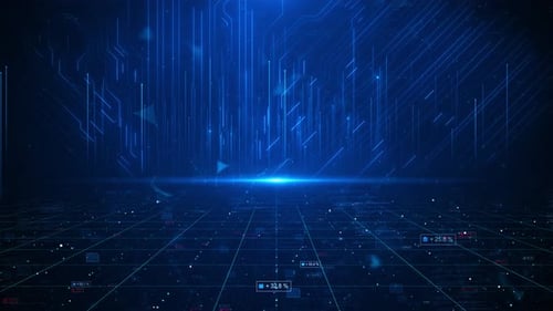 Cyberspace with digital light beam surrounded binary code futuristic gridlines, symbolizing advanced