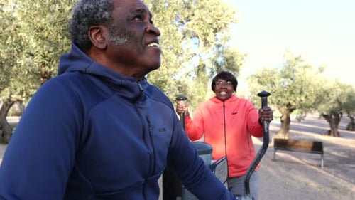 Joyful Elderly Couple Working Out with Outdoor Gym Equipment