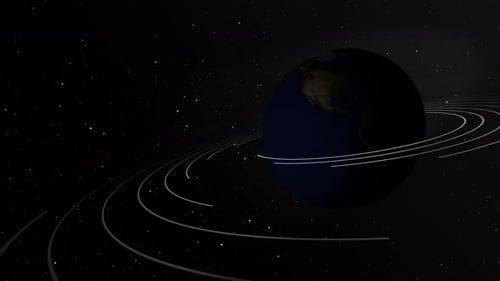 Representación abstracta de un globo flotando sobre un planeta imaginario en un esquema de estilo digital.