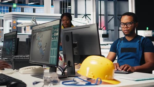 Black Engineer effectue des contrôles diagnostiques sur le logiciel d'assemblage de panneaux solaires