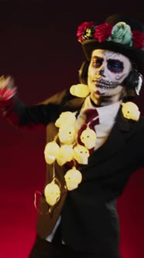 Vertical Video Woman in Goddess of Death Costume Dancing on Music