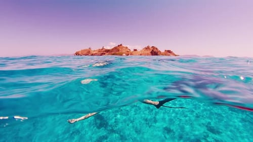 Freediver in Bikini Sexy Woman Freediver Relaxes Beneath the Water Surface in the Tropical Sea Woman