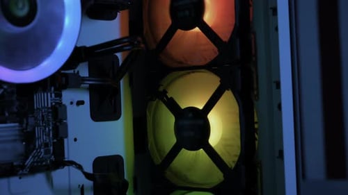 Power on of Personal Computer Cooling Unit with the Fan of the Stylish Modern PC Close Up