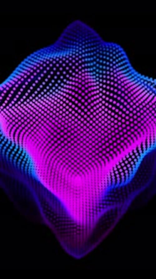 Ondas de distorsión en bucle en un cubo abstracto de partículas, datos digitales, salpicadura de caja, matriz de puntos