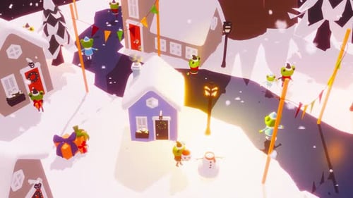 Animated Low Poly Christmas Village with Falling Snow