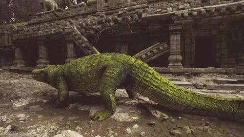 Un crocodile silencieux recouvert de mousse repose près d'un ancien temple en toute tranquillité