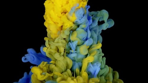 Blue and Yellow Ink Mixing Abstractly