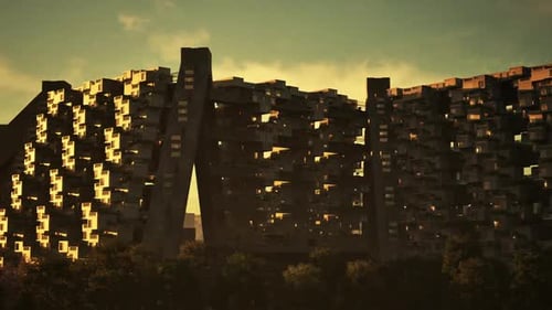 Maravilla arquitectónica moderna al atardecer con formas geométricas