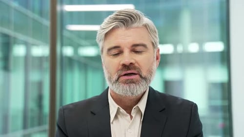 Webcam view. Businessman talking on video call conference looking at camera in office. The manager