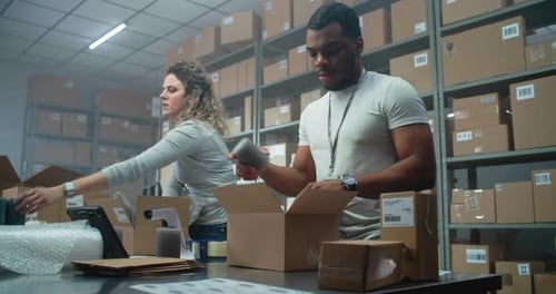 Diverse Shipping Clerks Packing Cardboard Parcels with ECommerce Online Orders