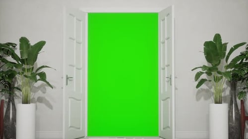 Door Opening Animation In A Light White Room, Green Screen Chroma Key