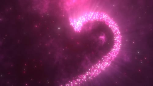 Coeur d'amour rose brillant fait de particules sur un fond festif rose